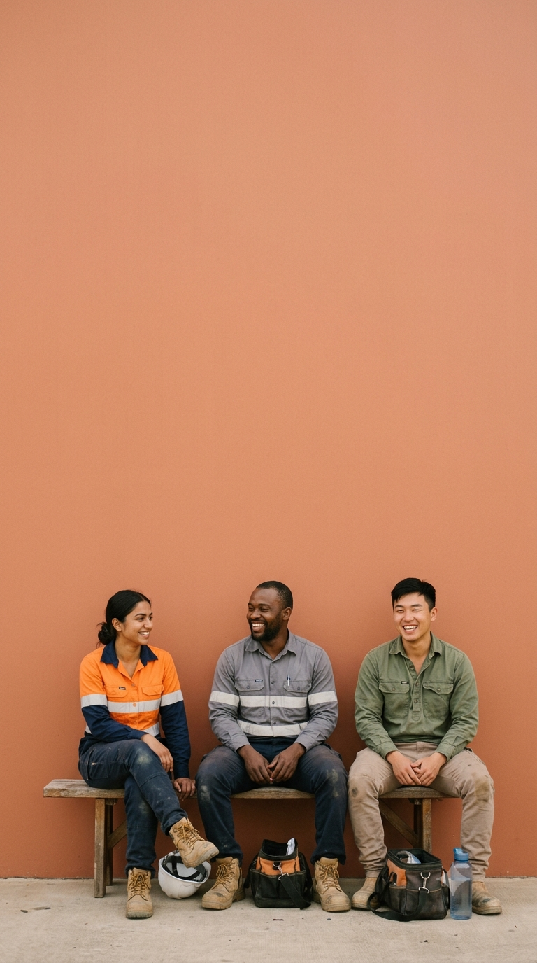 Three smiling tradies in hi-vis and work shirts sitting together against a warm terracotta wall